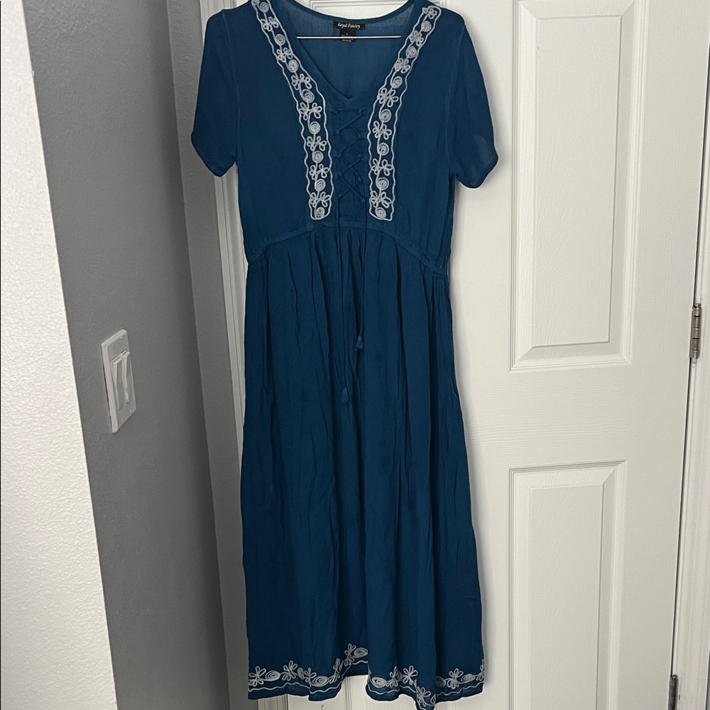 Umgee Teal Midi Dress with White Embroidery